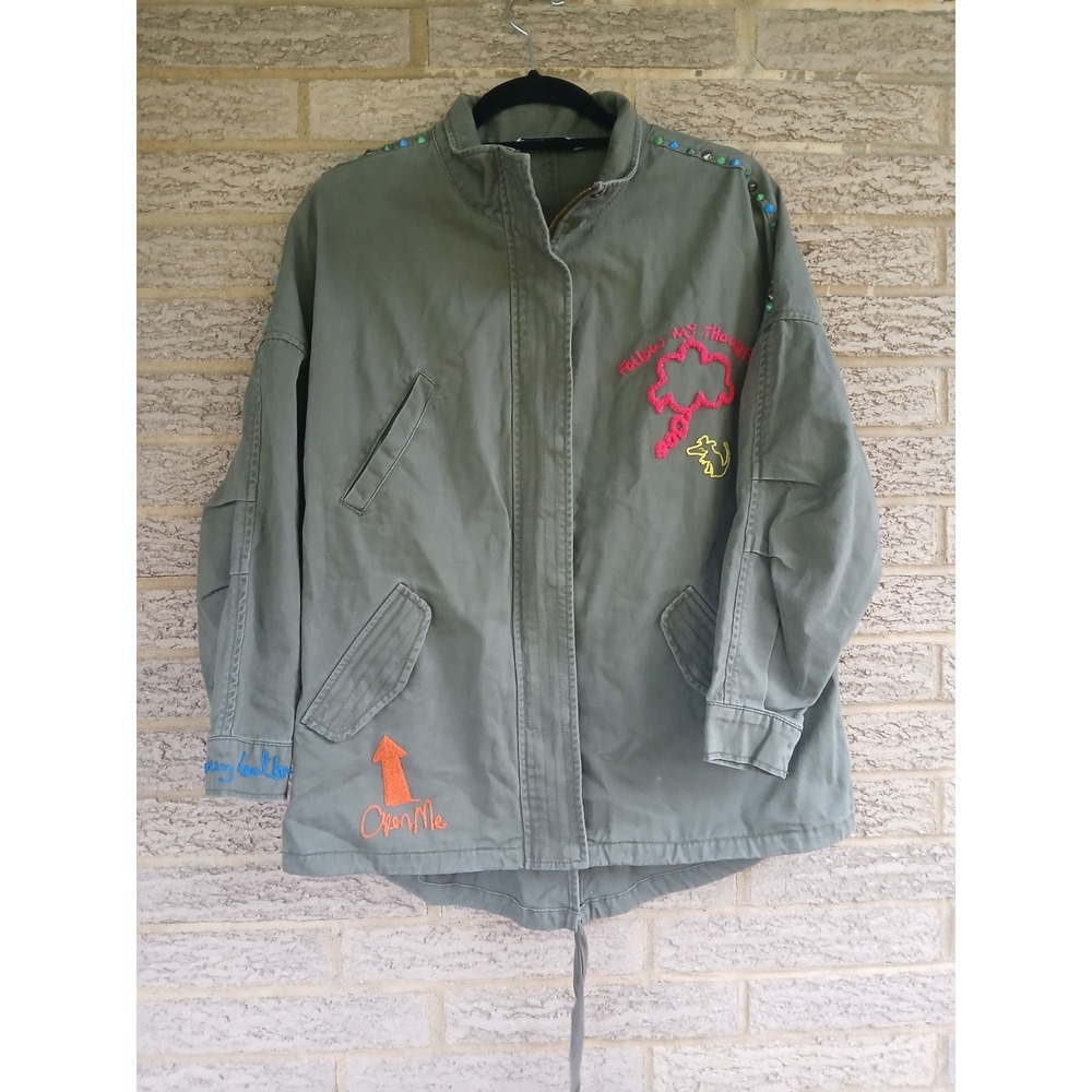 Zara Women's Army Green "Don't Let Me Forget Your Name" Utility Jacket Size S